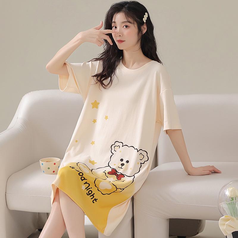 2024 Women's Cute Cartoon Summer Short-Sleeve Nightdress, Thin Large Size, Indoor/Outdoor Wear