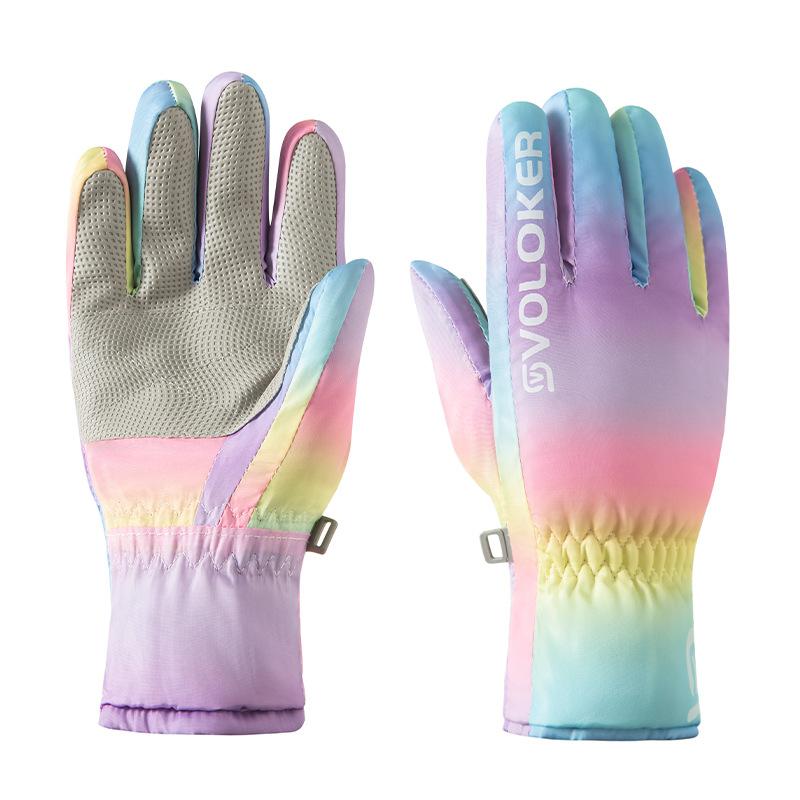 Children Ski Gloves Winter Snowboard PU Leather Waterproof Cycling Warm Unisex Snow Sports Boys Girls Kid Rainbow Cute Lovely 6