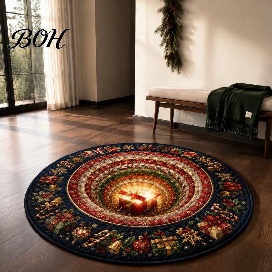 Comfortable Barefoot Floor Mat Round Christmas 3D Rug, Optical Illusion Area Santa Claus Gnome Quilted-Like Patterned Rug Anti-slip Washable