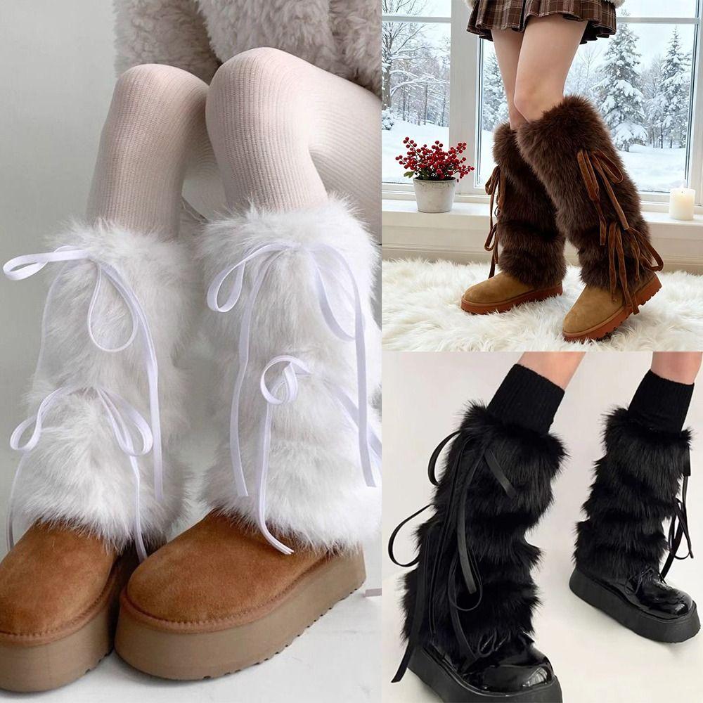 Fuzzy Plush Boot Cuffs Bowknot Ribbon Plush Stockings JK Boot Cover  Sweet Harajuku Style