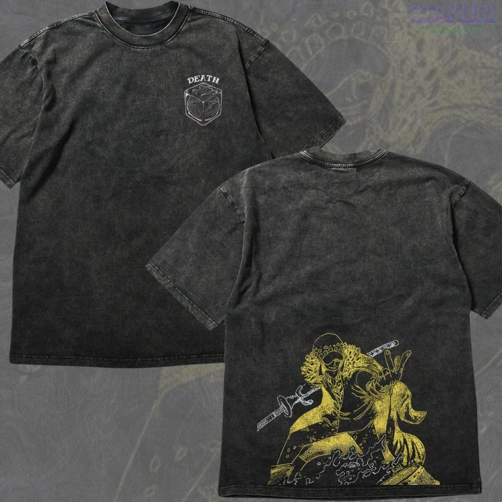 Vintage Washed Law Graphic Tee, Oversized Anime Streetwear Shirt