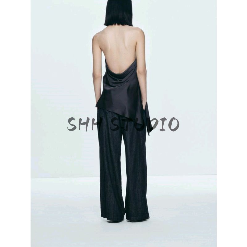 Summer New Product Women's Clothes Fashion Style Asymmetric Hem Silk Satin Texture Hanging Collar Short Top 2754100