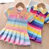 Kids Girls Dress Cute Bunny Decoration Dress Baby Girl Rainbow Striped Short Sleeve Princess Dress