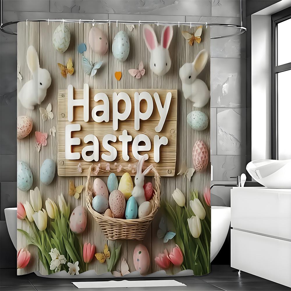 Happy Easter Bunny Eggs Floral Shower Curtain, Bathroom Decorative Shower Curtain, Waterproof Shower Curtain with Hooks