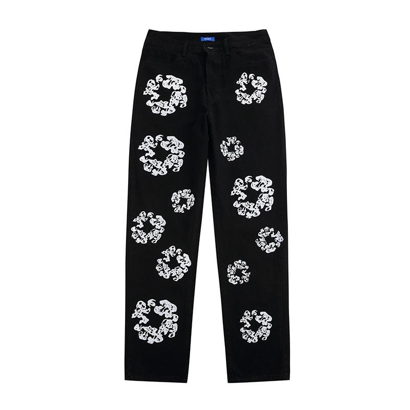 Flower Print Kanye Jeans Pants Streetwear Retro Casual Men and Women Denim Trousers