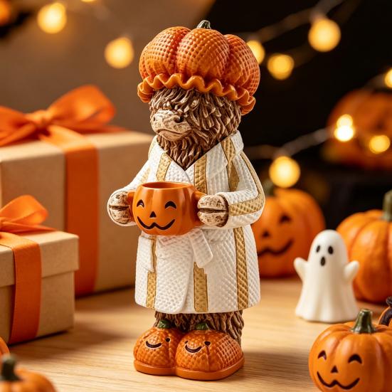 Rustic Fall Home Decorations Halloween Highland Cow Figurine, Resin Statue with Pumpkin Mug, Spooky Seasonal Tiered Tray Decor Farmhouse Tabletop for