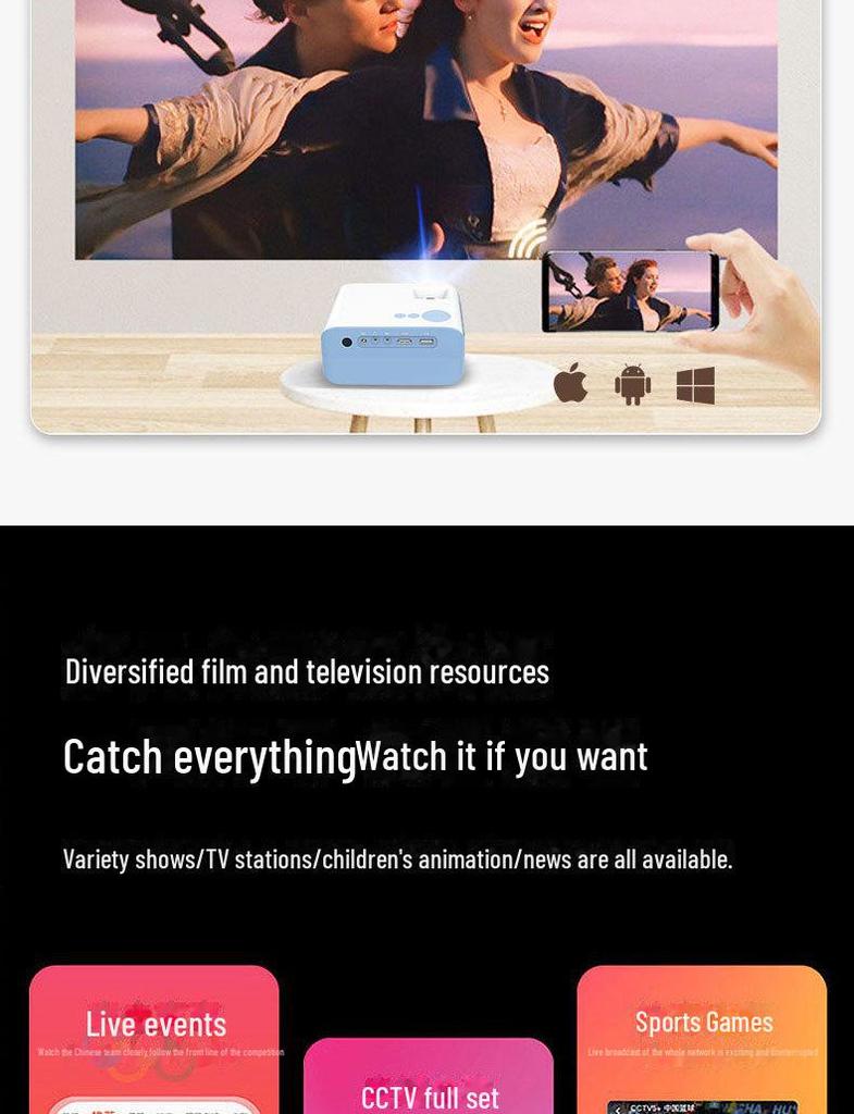 Трансграничный портативный HD-проектор с коррекцией трапецеидальных искажений для домашнего кинотеатра и боковой/фронтальной проекции