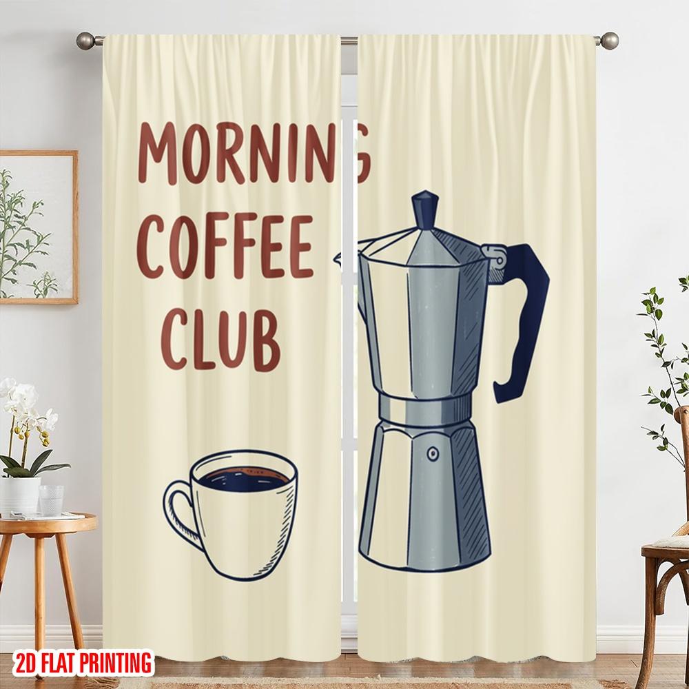 2 шт. 2D плоская печать Занавески для сцены Кружка Morning Coffee Club 100% полиэфирная ткань Без электричества Сезонная вечеринка и праздник