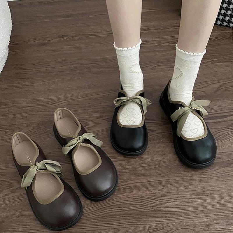 Французские туфли с коротким носком, коричневые, с круглым носком, на плоской подошве, женские винтажные туфли Мэри Джейн, повседневные студенческие кожаные туфли на шнуровке