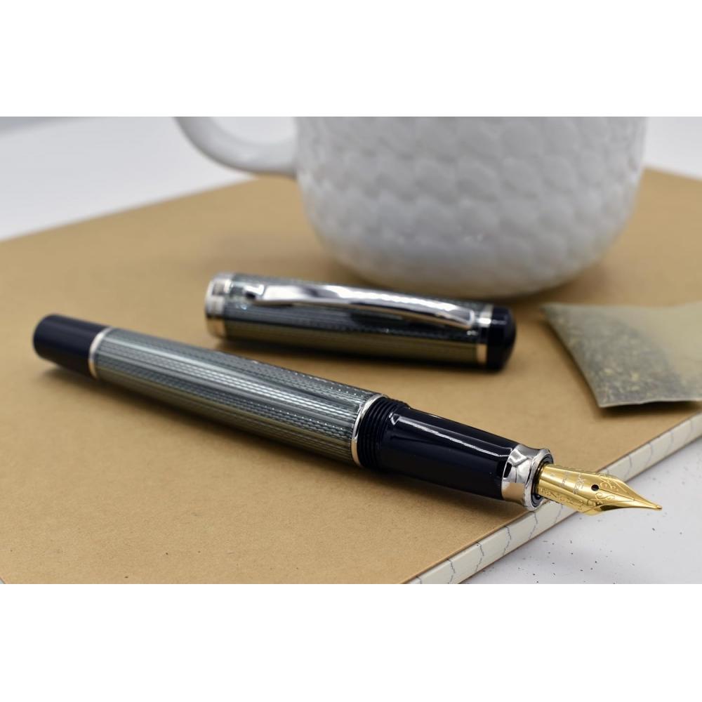 Xezo Incognito Diamond Cut Serial Medium Fountain Pen With Zinc Slate Tracker. Platinum Plated
