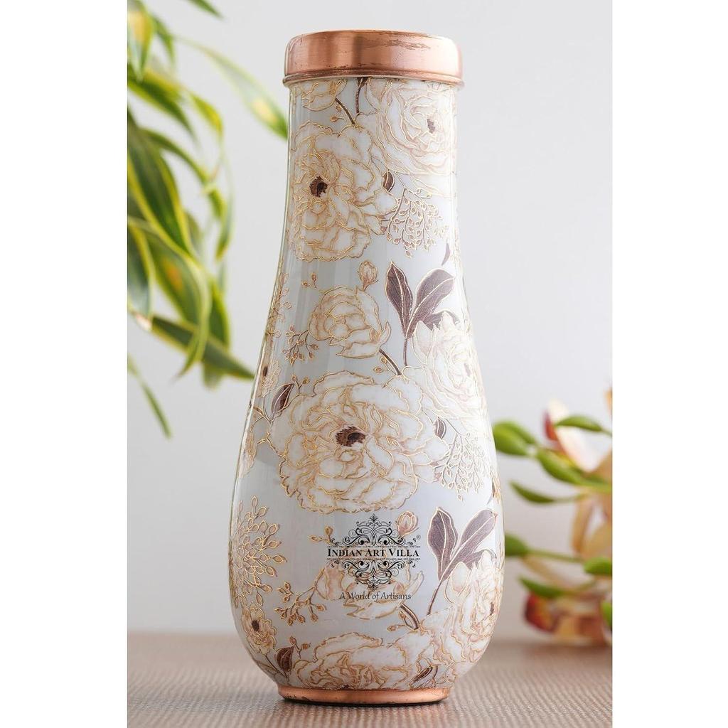 Gold Flower Print Bedroom Bottle – Designer Copper Drinkware, Elegant Copper Water Bottle for Everyday Use, Volume- 1500 ML