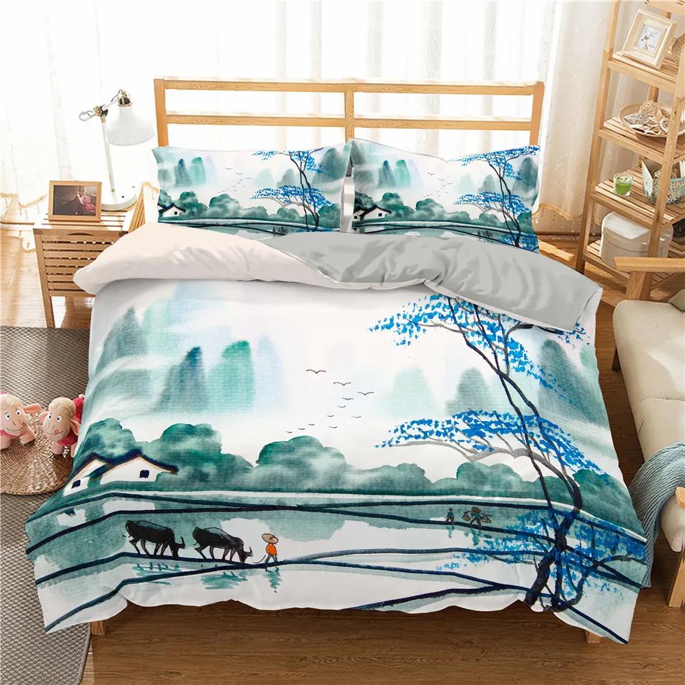 Пододеяльник с рисунком тушью King Queen, китайский пейзаж, комплект постельного белья для взрослых, идиллический пейзаж, горы, полиэстер, пододеяльник