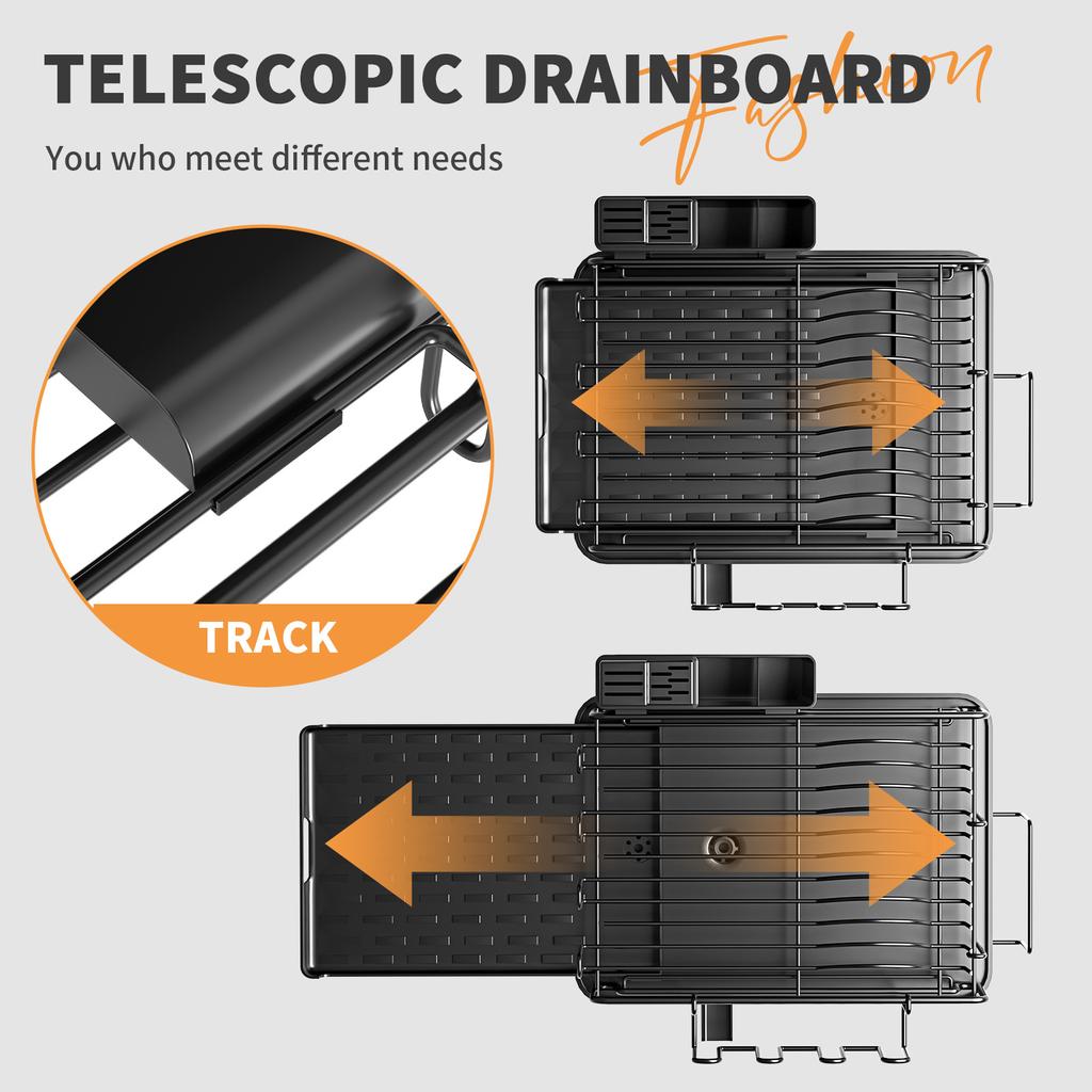 Kitchen Dish Drying Rack Retractable Kitchen Organizr Over Sink Plate Drainer with Drainboard Countertop Tableware Drainer