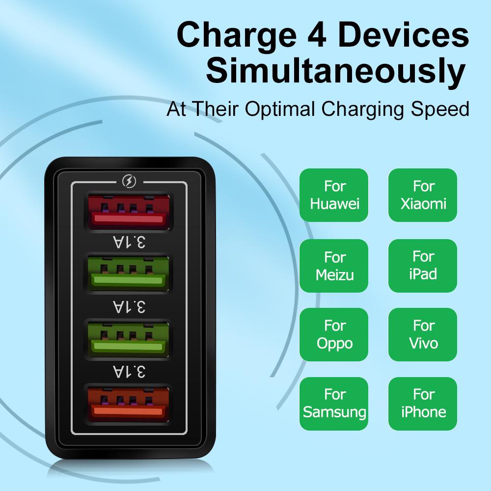 4-портовое USB автомобильное зарядное устройство 3A со светодиодной подсветкой для спецификаций ЕС/США, совместимое с планшетами и телефонами