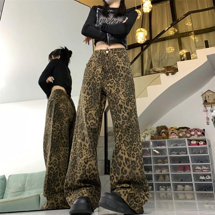 Женские джинсы с леопардовым принтом и широкими штанинами в стиле High Street - Повседневные прямые джинсы до пола для дерзких девушек