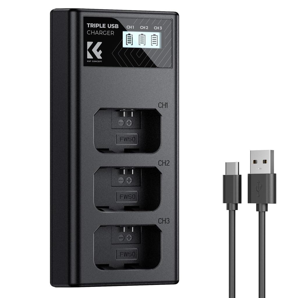 CONCEPT Camera Charger with Battery Level Compatible with Sony Camera Battery USB Charger K&F NP-FW50 Charger, 3-Slot Display, Charger, Type-C