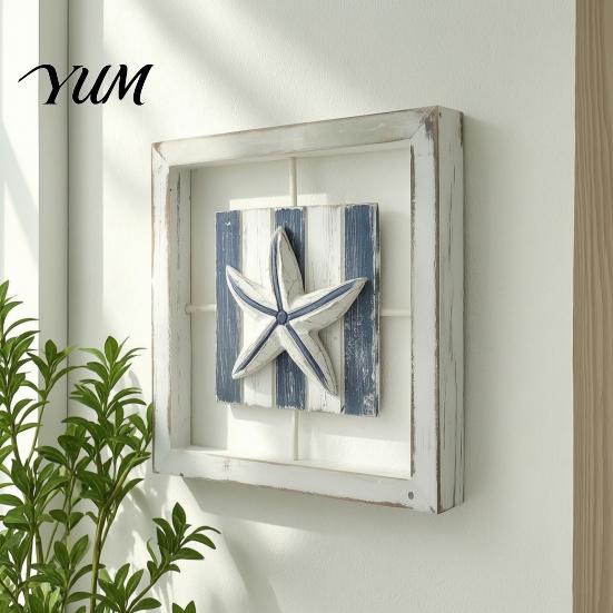 Waterproof Wood Wall Art 3D Conch/Starfish/Shell Wooden Frame Art, Distressed Coastal Style Decoration, Decorative Set for Home Ocean Inspired