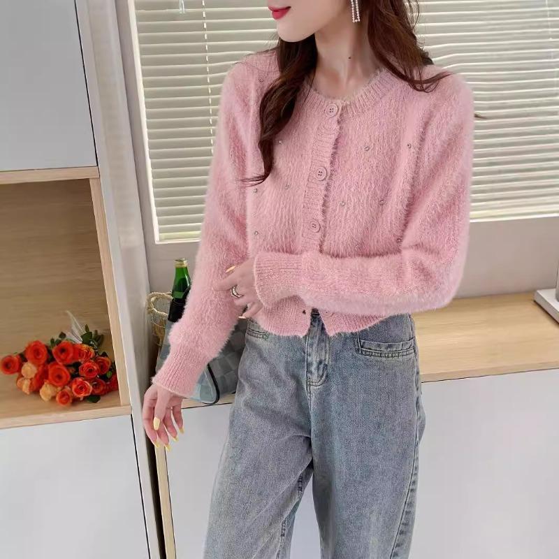 Тяжелая промышленность гвозди дрель круглый вырез свитер с длинными рукавами куртка женский осень и зима новый темперамент знаменитости высококлассный свободный вязаный кардиган