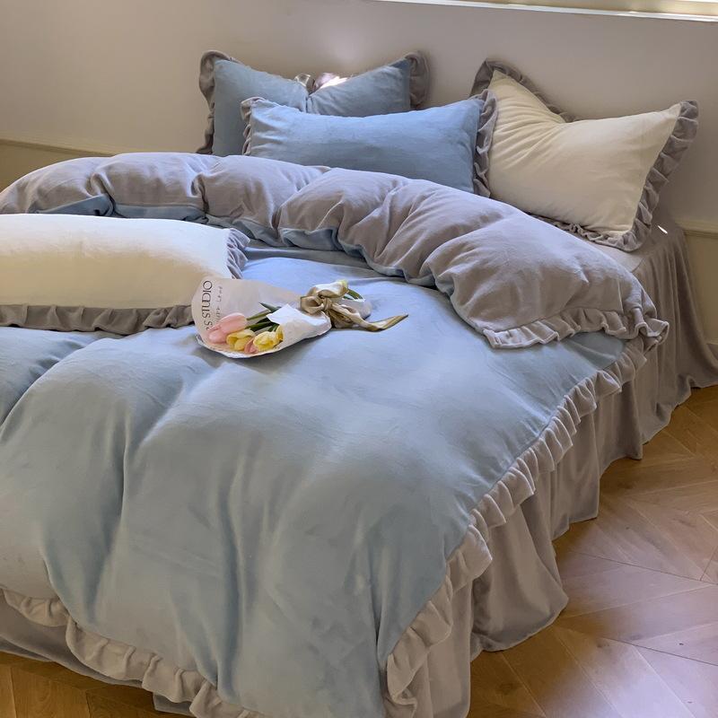 Ins Solid Milk Velvet Four Piece Lace Coral Velvet Quilt Cover Thickened Warm Bed Sheet Flannel Bedding