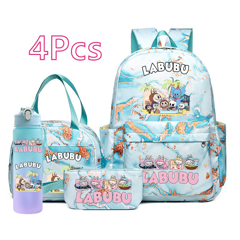 4Pcs/set Cartoon Printed Backpack Pencil Bag Lunch Bag Outdoor Water Bottle Student Girl Large Capacity Schoolbag Travel Bag Gift