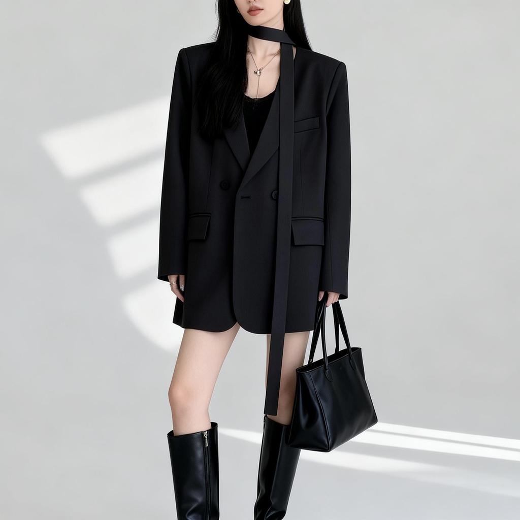 Women Casual Blazer Jacket With Belt Loose No Collar Long Sleeve Spring Autumn