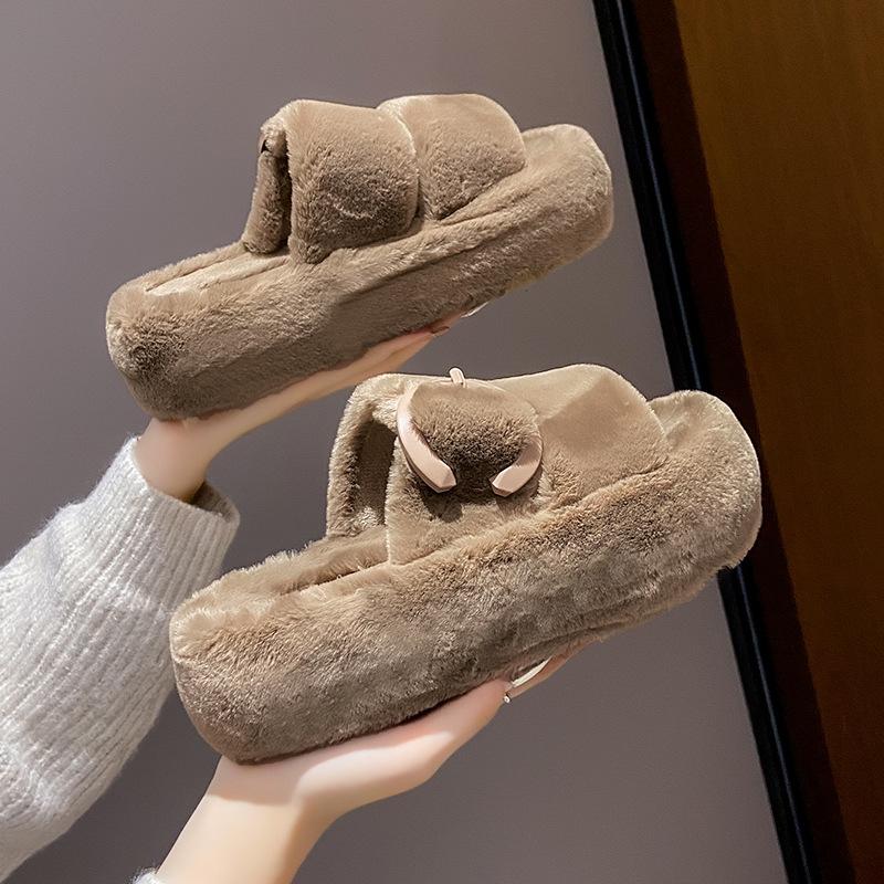 Женские меховые тапочки на толстой платформе, зимние модные повседневные уличные тапочки с открытым носком, мягкие плюшевые тапочки для дома и дома, пушистые тапочки