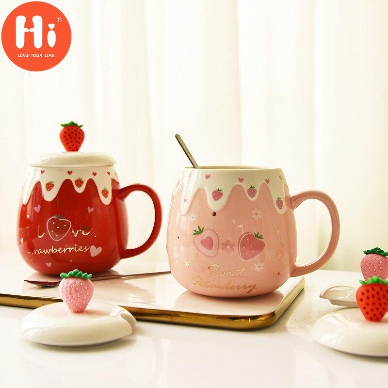 Hi Ceramic Cute Strawberry Coffee Mug with Lid and Spoon Creative Porcelain Breakfast Milk Oatmeal Cup Drinkware