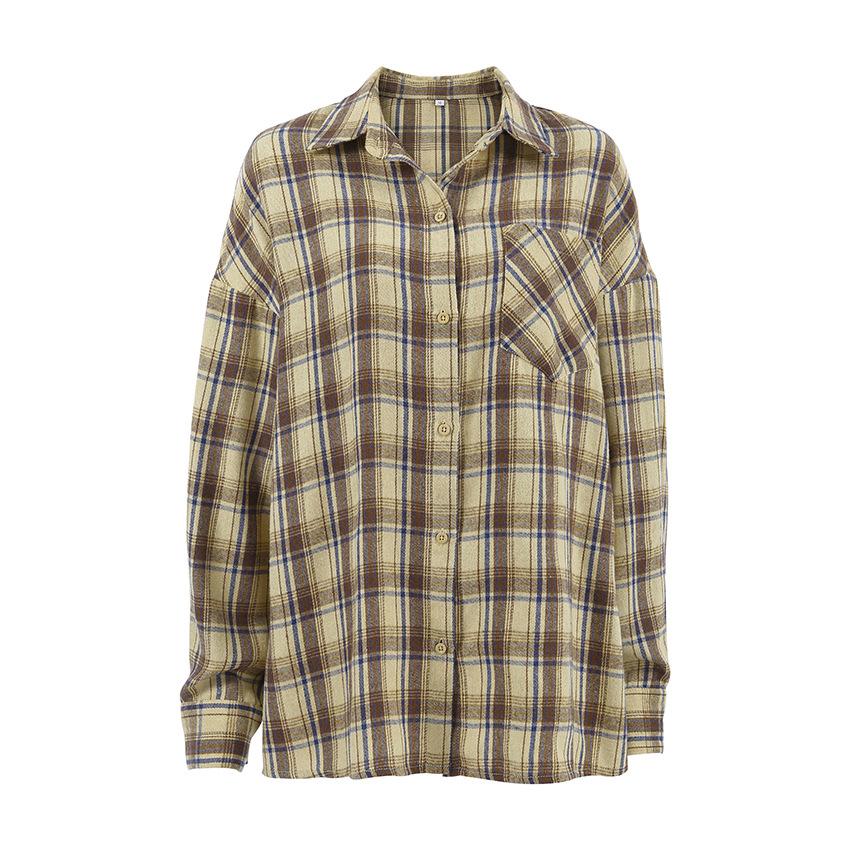 1116 Autumn Retro Plaid American Shirt Loose Casual Outside Long Sleeve Women's Top Fashion Plaid Shirt