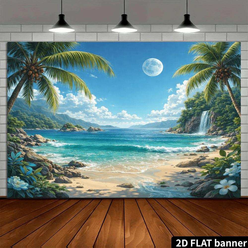 2D flat banner, summer beach commemorative background fabric. Tropical island theme, featuring two palm trees.