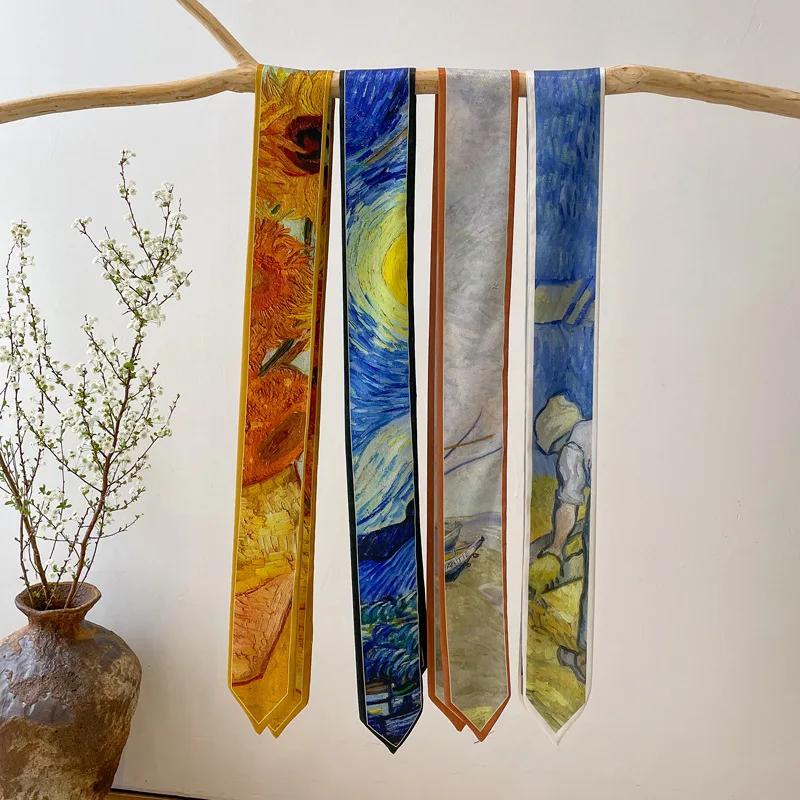 Длинная повязка на голову, узкий шейный платок, женский шарф для волос, модная повязка на голову, милый галстук, шарфы, шелковистый шарф с роскошным принтом, шарф для сумки для дам