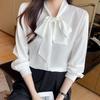2025 Spring Women's White Long-Sleeve Chiffon Shirt with Korean-Style Ribbon