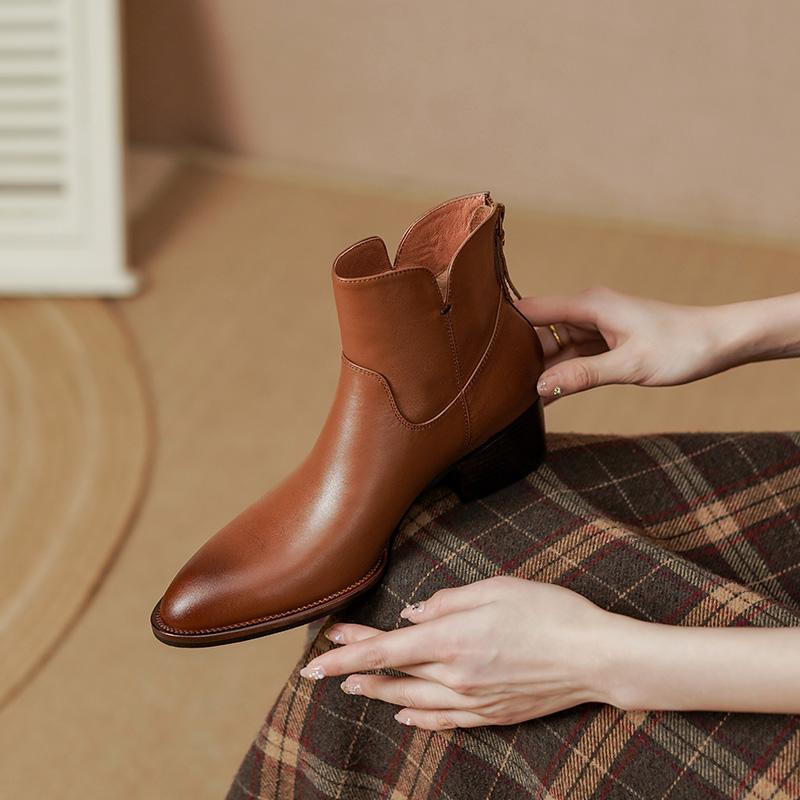 Женские ботильоны с круглым носком, застежкой-молнией, на толстом каблуке, из натуральной кожи, женские офисные туфли для женщин 2024 года, осень-зима, винтаж, для зрелых людей