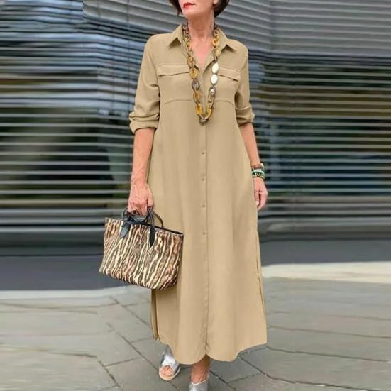 Женское платье с отложным воротником, свободное однотонное однобортное платье трапециевидной формы с длинным рукавом и нагрудным карманом, мягкое дышащее платье до щиколотки, весенне-осеннее платье макси