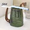 Non Slip Wood Grain Handle Cup Clear Toothbrush with Handle, Plastic Mouthwash Holder, Family Use Container Storage Slot Modern Bathroom Accessory for