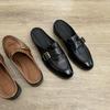 Sheepskin Version~ Belt Buckle Thin Thick Heel Bag Head Half Drag Loafers Women's Black Single Shoes Leather Round Head Small Leather Shoes