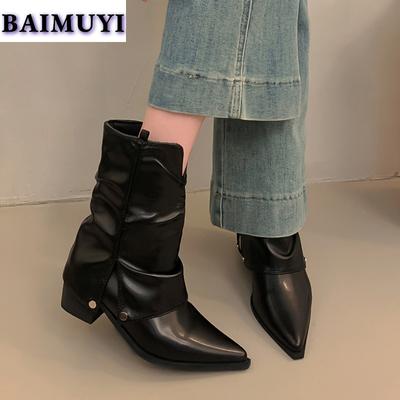 Сексуальные туфли на среднем каблуке с острым носком, женские ботильоны, тренд 2025 года, массивные модные туфли-лодочки для офиса, новые туфли для вечеринок в стиле панк-женщины