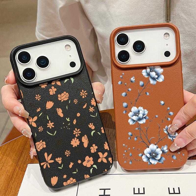 Чехол из ТПУ с текстурой кожи для iPhone 17 17e 16e 16 15 Pro Max 14 13 Pro Max 11, синий, с цветочным принтом, мягкий силиконовый задний чехол