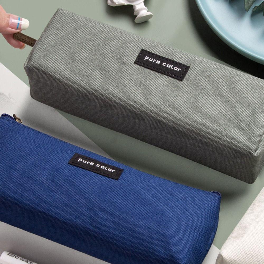 Pure Color Zipper Canvas Stationery Holder Box Pen Bag Pencil Pouch Pen Case