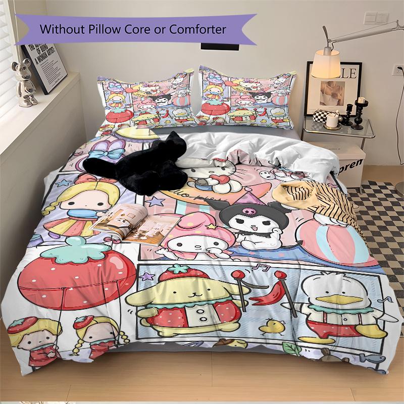 3 шт. Праздничный набор постельного белья с принтом Hello Kitty и друзей, Мягкий и удобный пододеяльник для спальни, гостевой комнаты (Не включено).S002