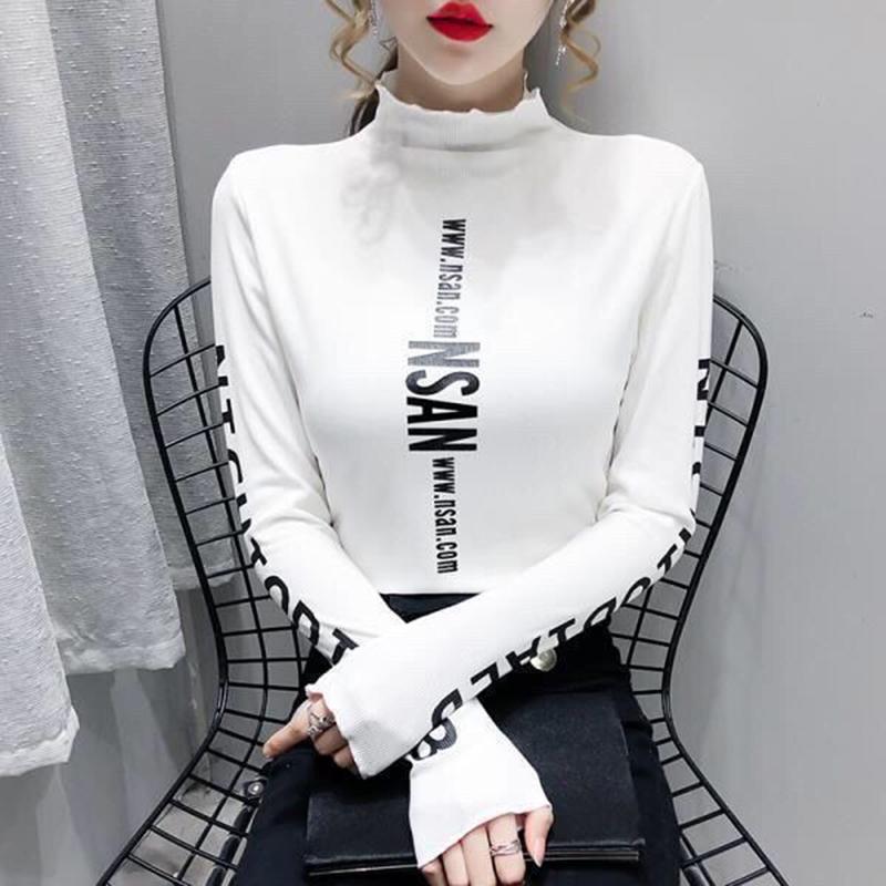 Нижняя рубашка с полуводолазкой, женская, осень, пуловер, больших размеров, футболка с длинными рукавами, узкая, с буквенным принтом, верх, универсальная, высокая горловина, топ