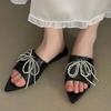 Fashion Metal Beaded Bow Decoration Flat Slippers Women Summer Sexy Pointed Toe Open Toe Slide Sandals Soft Leather Cozy Beach Sandals