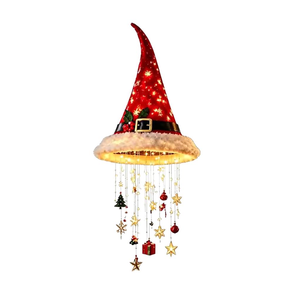 LED Santa Hat Hanging Light Christmas Hat Pendant Lamp with Tassel Bell Star Ornament Xmas New Year Party Decoration Light