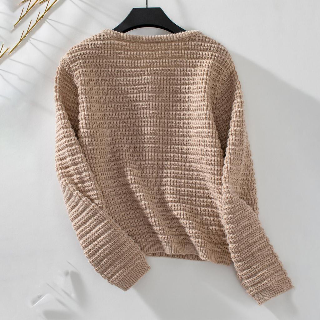 Autumn Winter Vintage Loose Long Sleeve Top Solid Color Cardigan Knitwear V-Neck Sweater