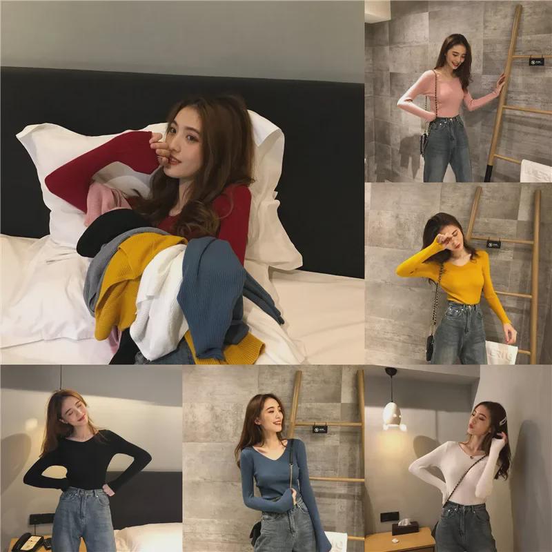 Женский облегающий трикотажный свитер с V-образным вырезом: Модный, с длинными рукавами, теплый для осени и зимы