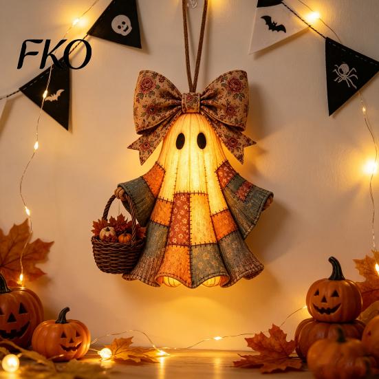 Halloween Door Hanger Lighted Vintage Patchwork Ghost Hanger, Rustic Farmhouse Figurine, LED Light Up Realistic Figurine Spooky Resin Statue