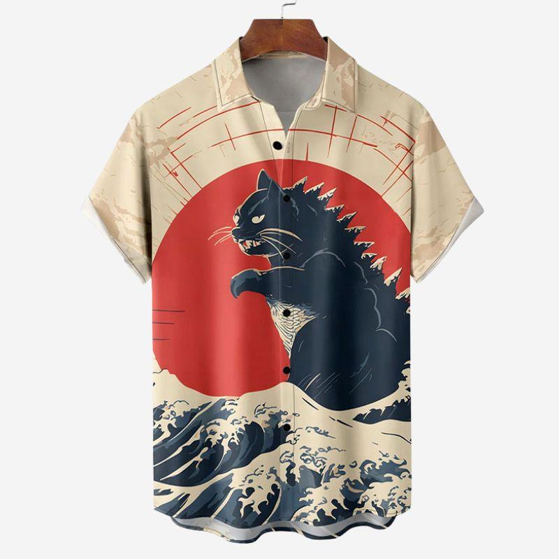Retro Men's  Short Sleeve Shirt Summer New Casual Fun Hawaiian Ukiyoe Kitten Fishing Shark Print Lapel Short Sleeve Shirt