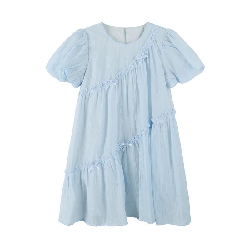 Little Yinman Girls' Blue Bowknot Ruffle Bubble Sleeve Dress