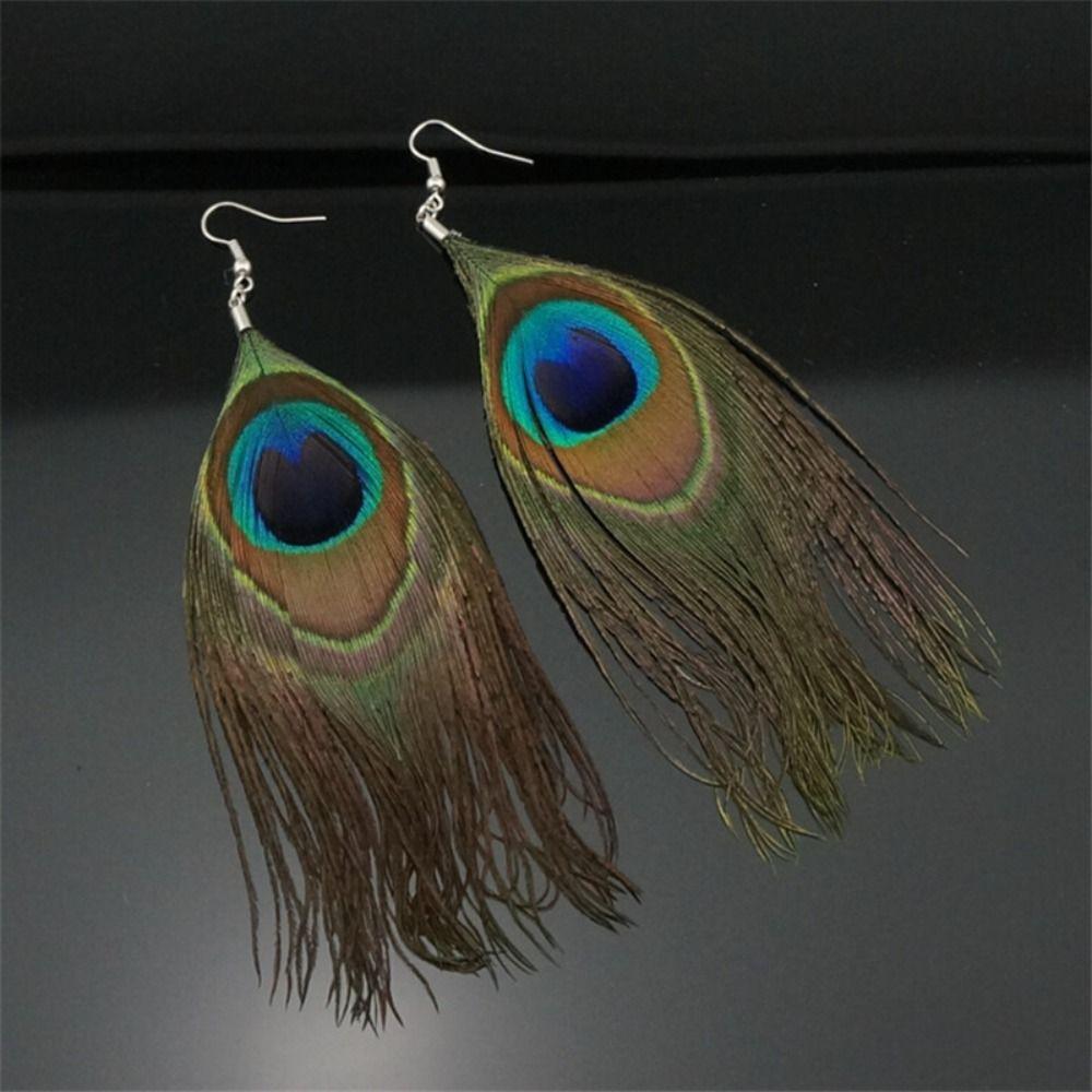 Retro National Style Bohemian Jewelry Bead Peacock Feather Earrings Women Dangle Earrings