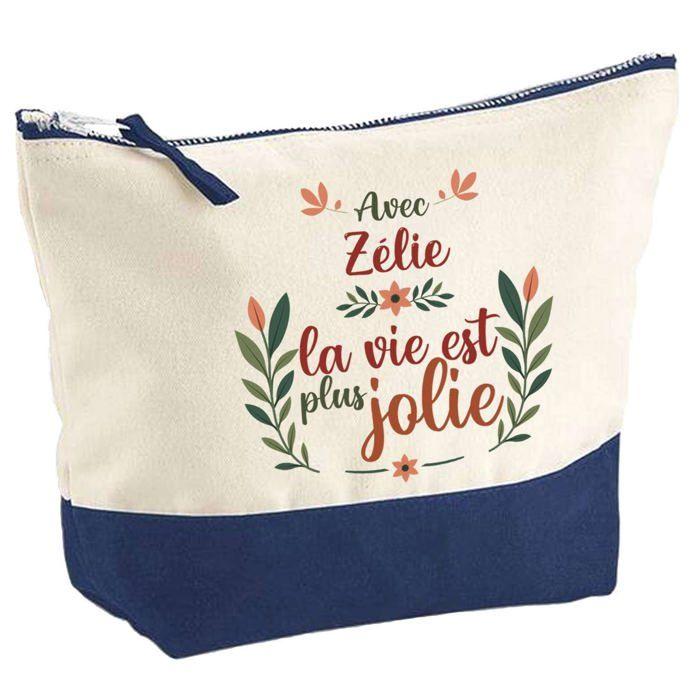 Trousse de maquillage - PLANETEE - Pochette fond bleu «Zélie la vie est plus jolie» - Grand format - Coton - Impression HD France