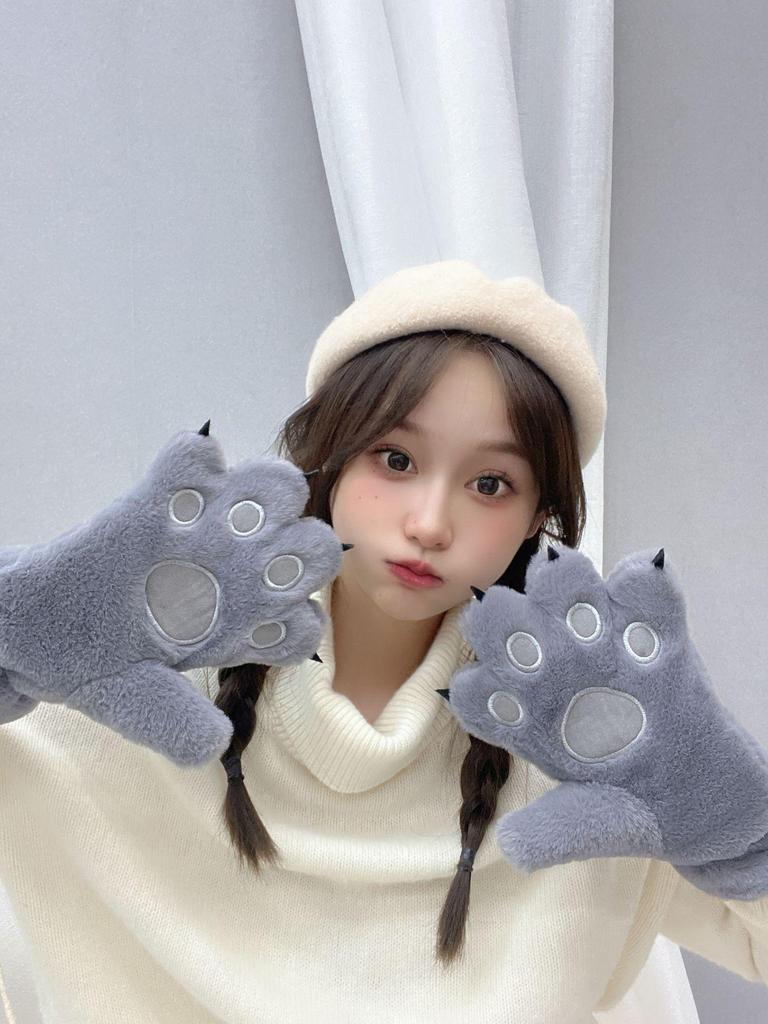 Женские осенне-зимние милые плюшевые перчатки с лапками медведя и кошки - Толстые, теплые, с мультяшным дизайном для студентов